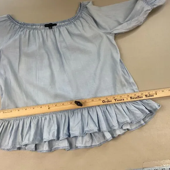 Sanctuary Top Womens XS Chambray Denim Ruffled Boho Bell Sleeve Feminine Blue - Picture 7 of 10